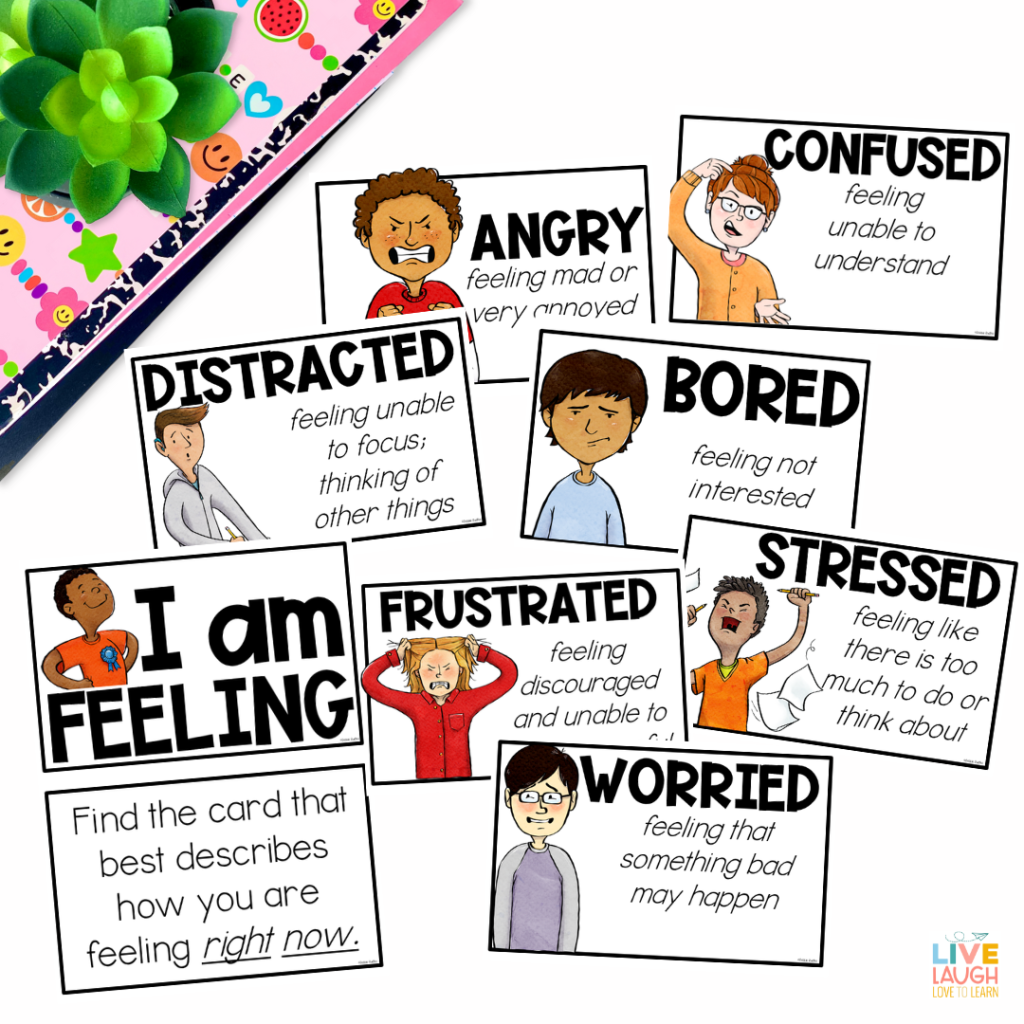 This image displays a set of "I Am Feeling" cards designed to help students identify and articulate their emotions. Each card includes an emotion word, an illustration of a child expressing that emotion, and a brief definition. The cards include feelings such as "Angry" (feeling mad or very annoyed), "Confused" (feeling unable to understand), "Distracted" (feeling unable to focus or thinking of other things), "Bored" (feeling not interested), "Frustrated" (feeling discouraged and unable to continue), "Stressed" (feeling like there is too much to do or think about), and "Worried" (feeling that something bad may happen). A central card labeled "I Am Feeling" invites users to "Find the card that best describes how you are feeling right now." The cards are laid out on a colorful, cheerful background with a green plant and emoji-themed decorations in the top left corner.