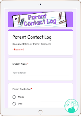 image of an iPad displaying a Parent Contact Log
