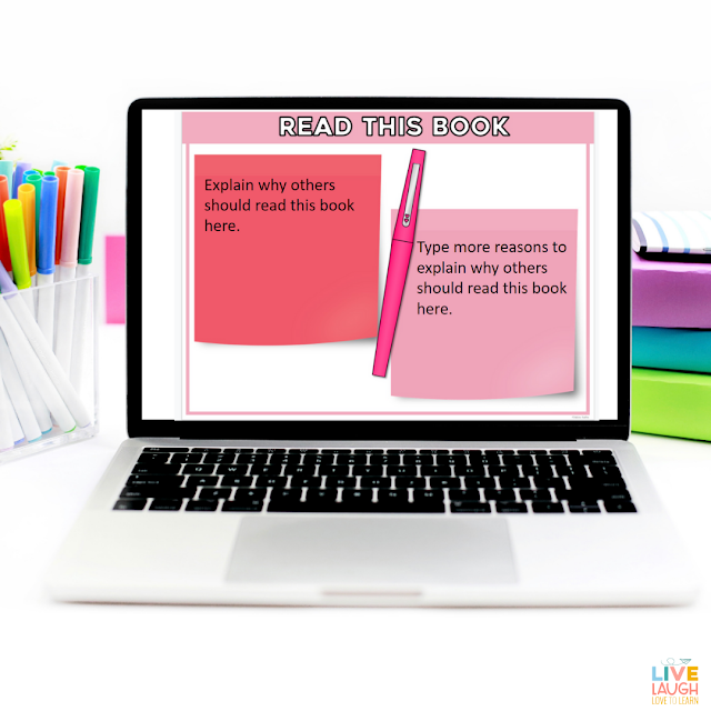 Image of a computer screen that reads Read This Book with images of pink sticky notes for students to explain reasons why others should read this book