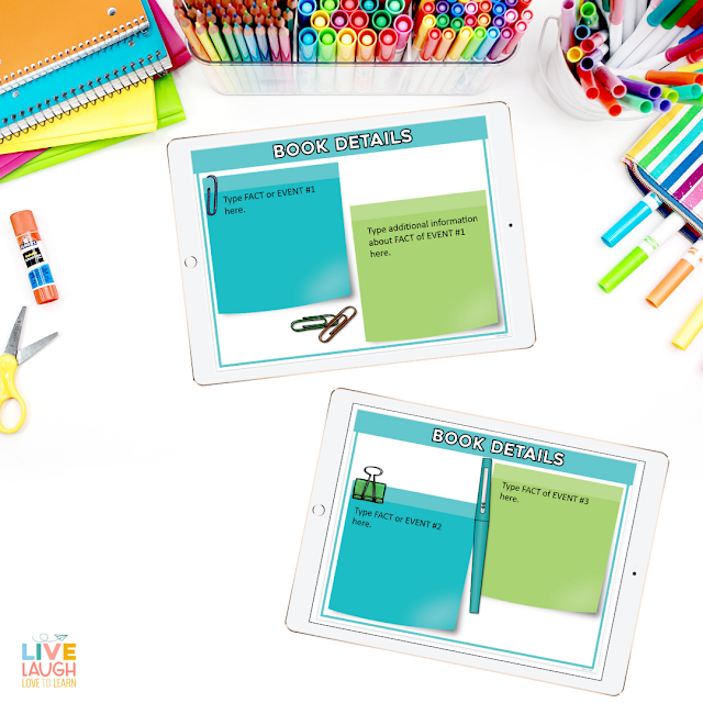 Images of 2 tablets with screens that read Book Details with images of sticky notes for students to type on.