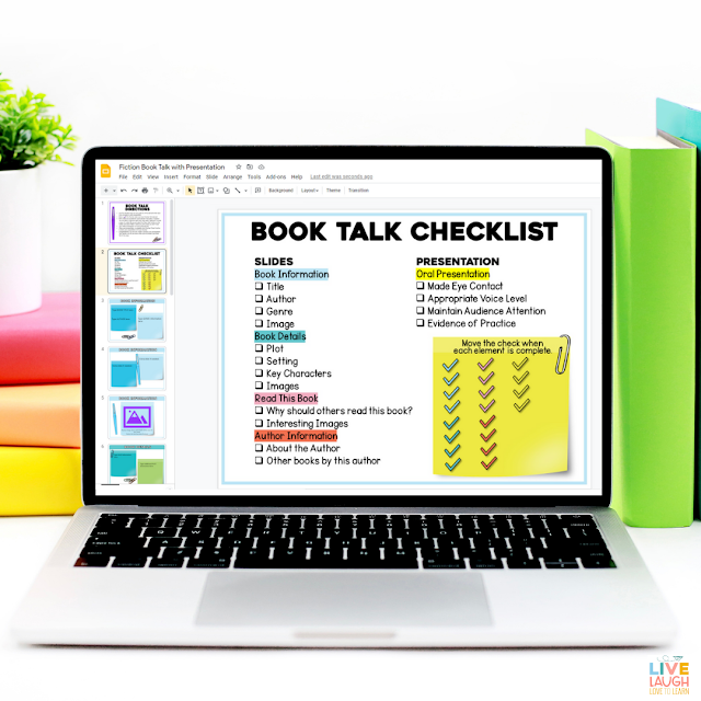 Image of a computer screen with the words Book Talk Checklist and a checklist of presentation items
