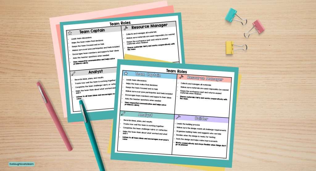 STEM team roles classroom printable cards for group work to improve collaboration and structure in STEM challenges