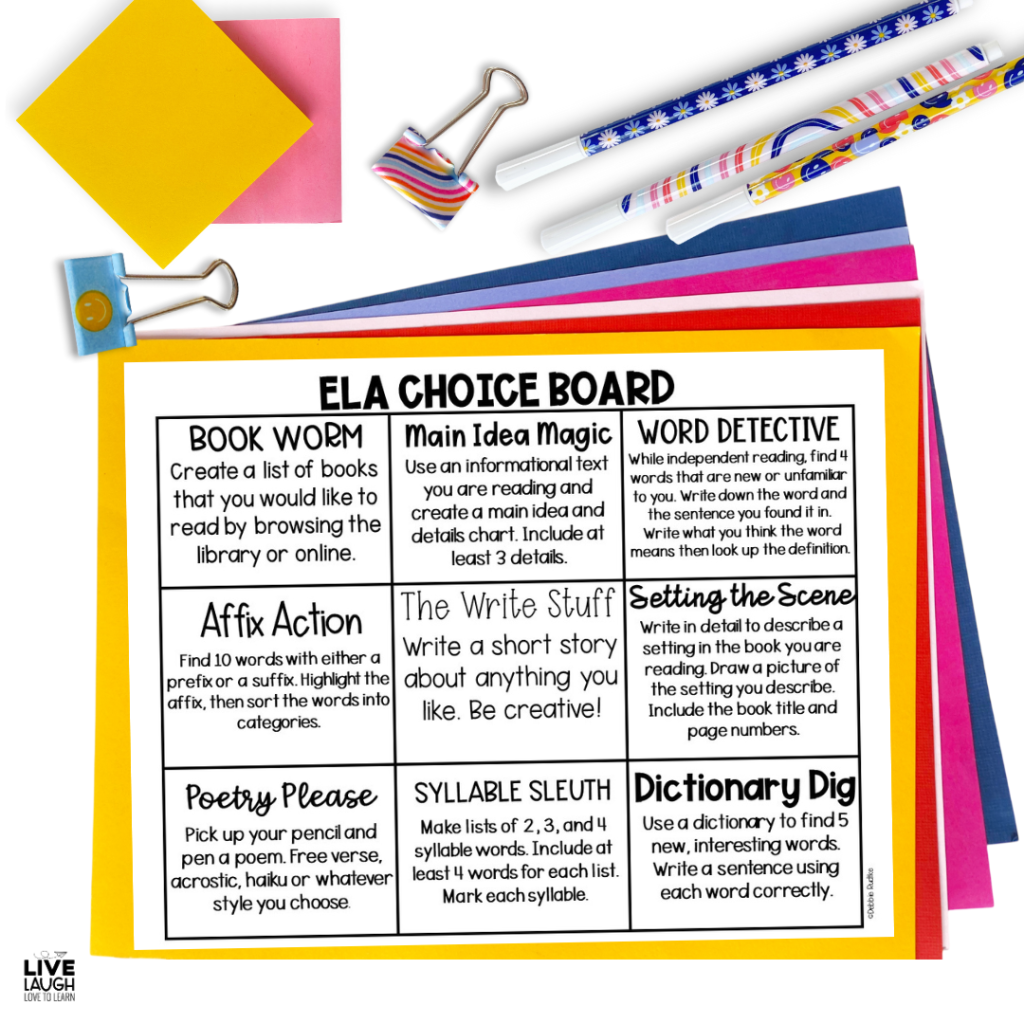 Photo of a printable ELA Choice Board featuring nine reading and writing activities, displayed on colorful paper with pens, binder clips, and sticky notes.