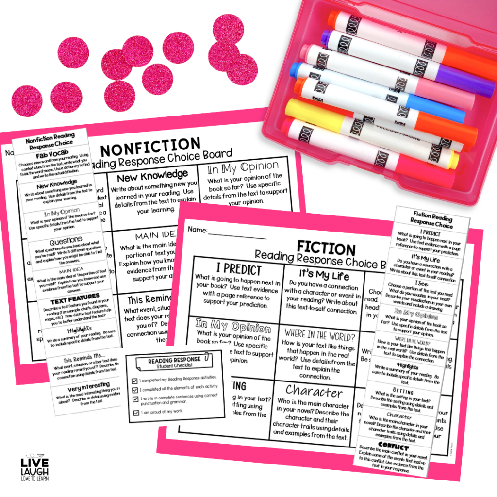 Photo of printable Reading Response Choice Boards for fiction and nonfiction, with coordinating bookmarks, a pink box of colorful markers, and sparkly pink counters. The choice boards include a variety of reading response prompts to encourage student choice and engagement.