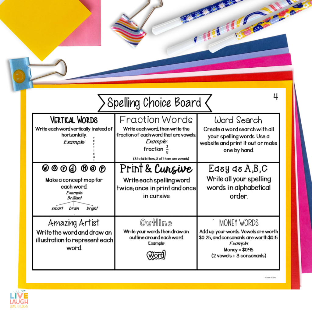 Photo of a printable Spelling Choice Board with nine creative spelling activities, shown on colorful paper with pens, binder clips, and sticky notes