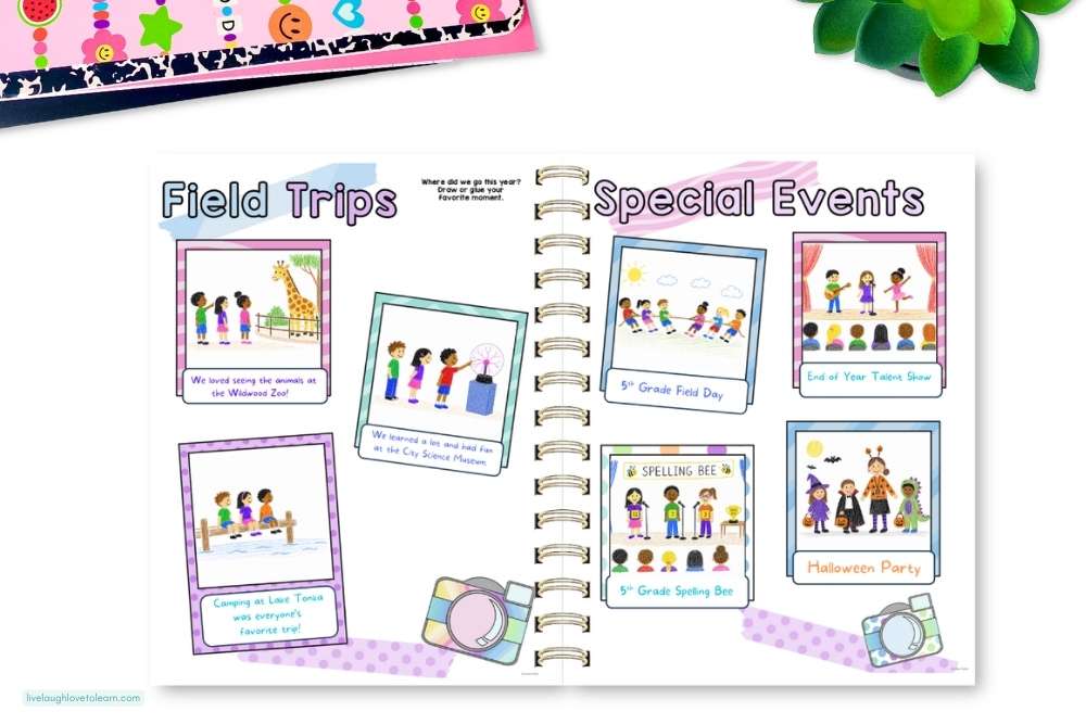 Class yearbook pages showing field trips and special events with student photo layouts