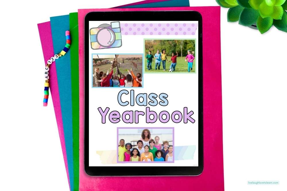 Digital class yearbook cover design showing field trips and recess with student photo layouts