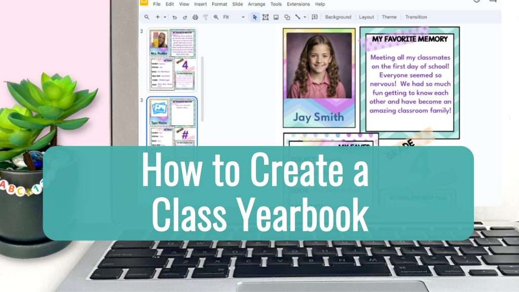 Upper elementary class yearbook template shown on a laptop screen