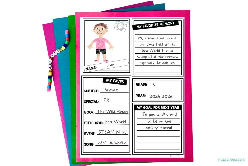 Printable student memory page for a class yearbook with fields for favorite memory, subject, and goals