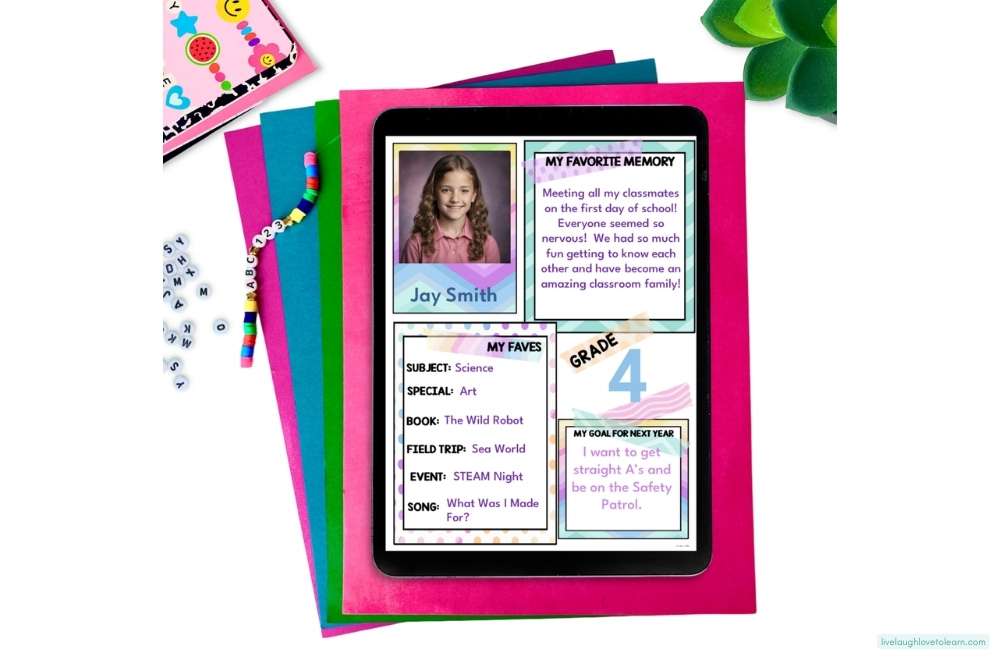 Digital student memory page for a class yearbook with fields for favorite memory, subject, and goals
