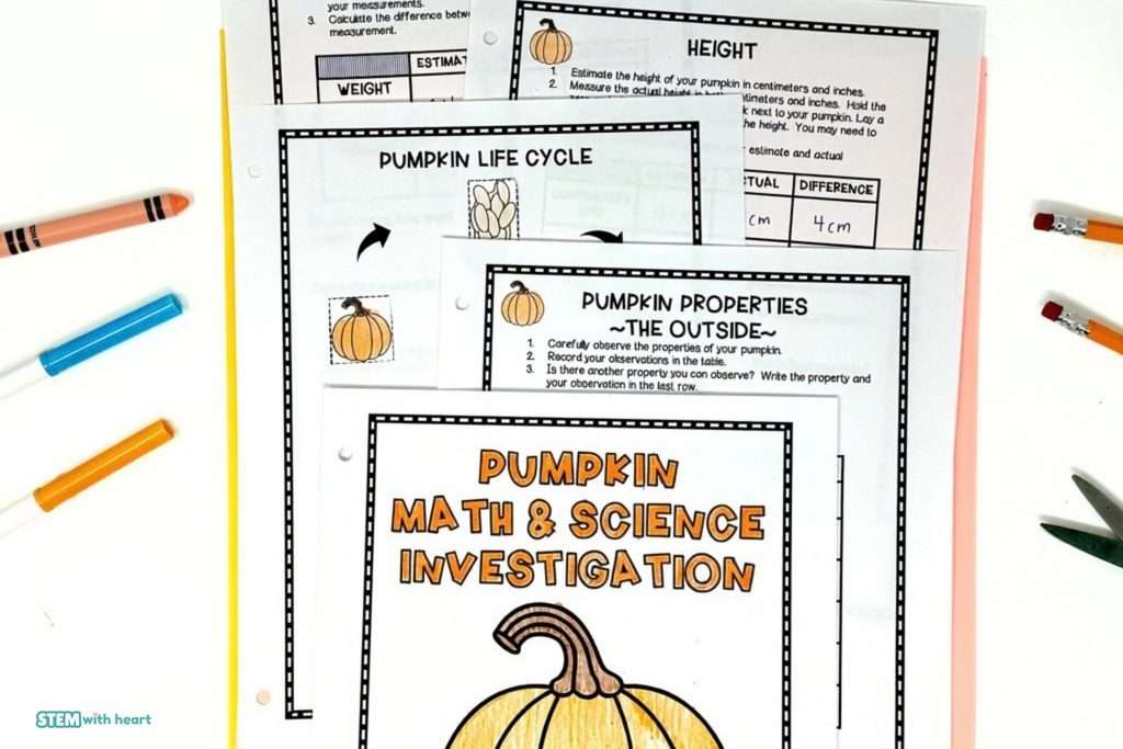 Pumpkin Math and Science Investigation booklet pages featuring pumpkin measurement, properties, and life cycle activities for fall.