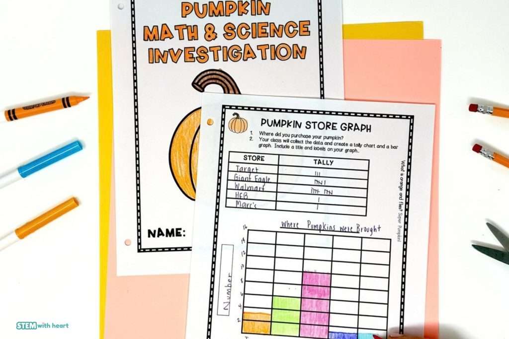 Pumpkin store graph activity with student tally chart and bar graph for a hands-on fall math investigation.