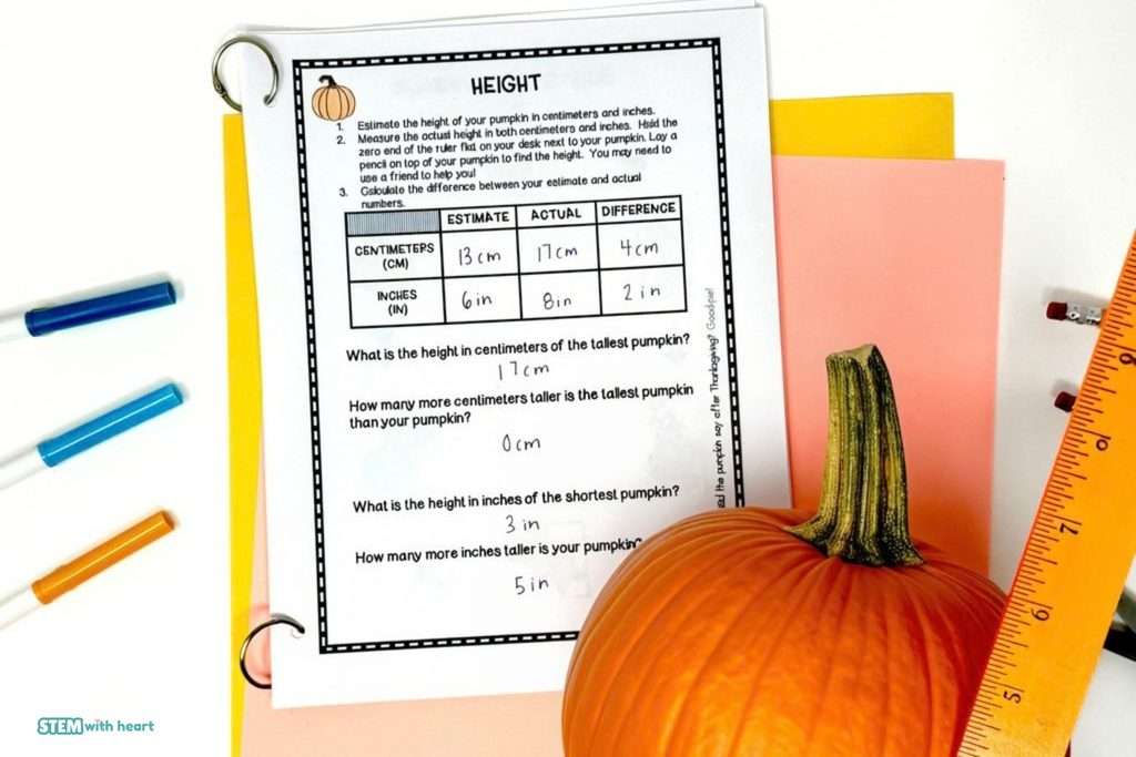 Pumpkin height measurement activity with a real pumpkin, ruler, and student worksheet for a hands-on fall math investigation.