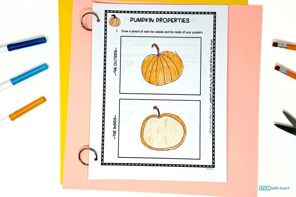 Pumpkin properties investigation worksheet with student drawings of the inside and outside of a pumpkin for a hands-on fall science activity.