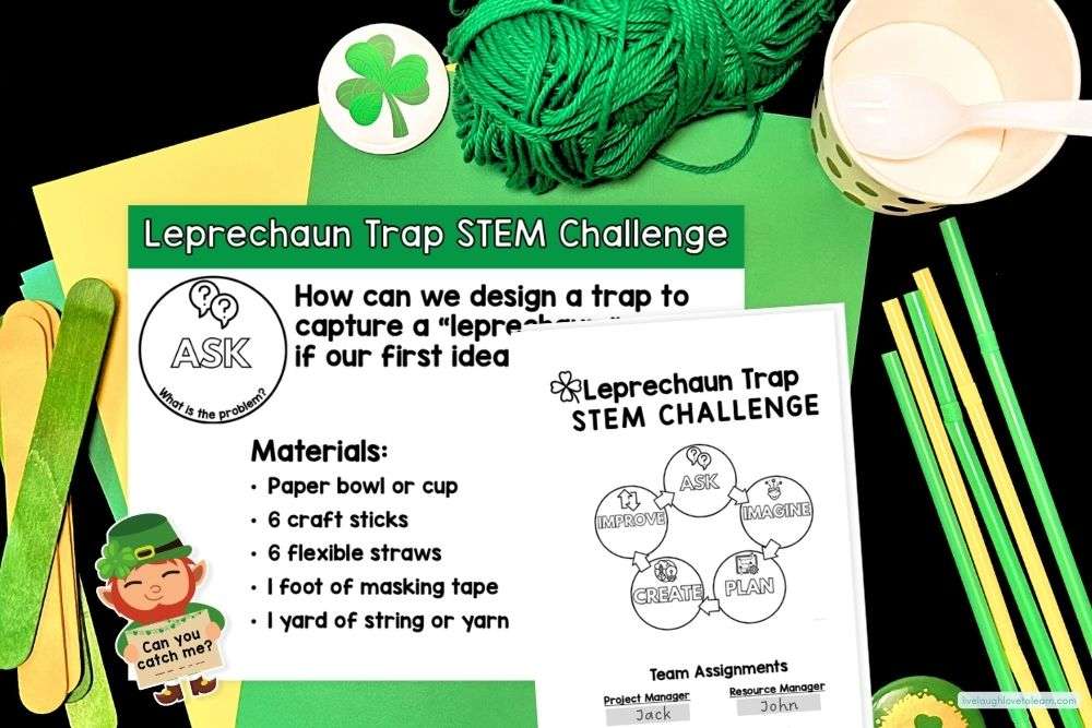 Materials and engineering design process page for a St. Patrick’s Day Leprechaun Trap STEM challenge for elementary students.