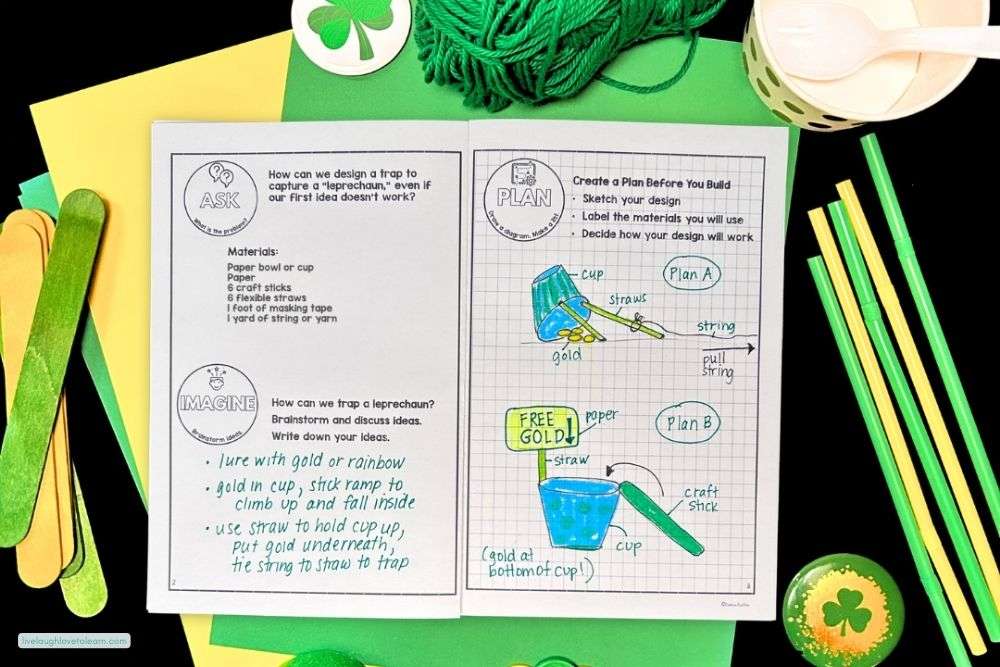 Ask, Imagine, and Plan pages from a St. Patrick’s Day Leprechaun Trap STEM challenge showing the engineering design process for upper elementary students.