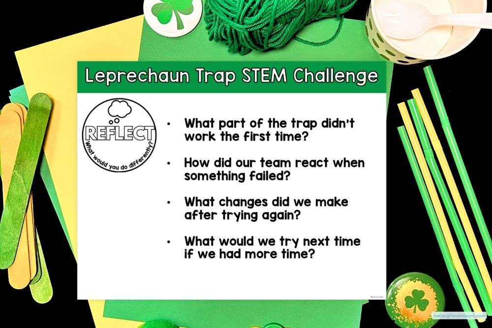 Reflection questions from a St. Patrick’s Day Leprechaun Trap STEM challenge helping elementary students practice perseverance and teamwork.