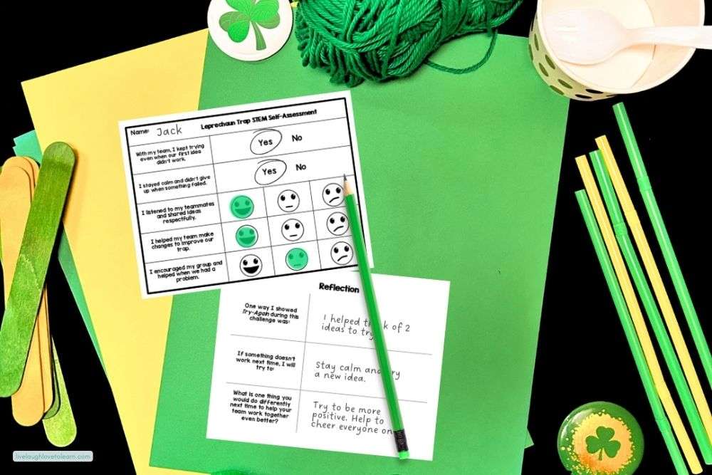 Self-assessment and reflection pages from a St. Patrick’s Day Leprechaun Trap STEM challenge showing social-emotional learning integration for upper elementary students.