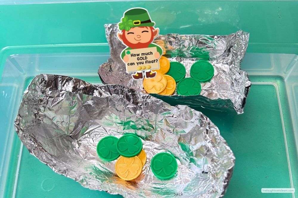Students testing aluminum foil boats with gold coins in a St. Patrick’s Day Pot O Gold float STEM challenge for upper elementary.