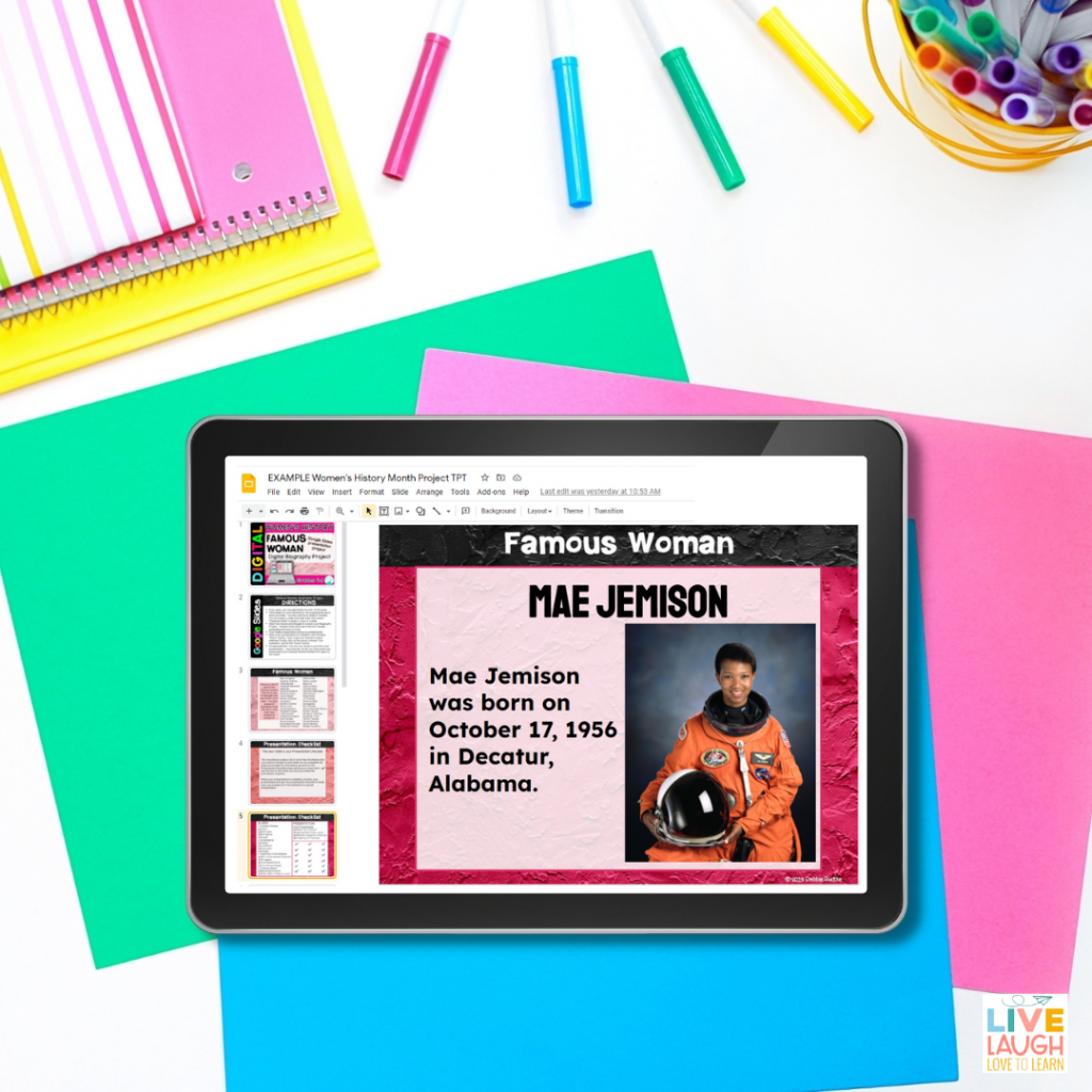 Image of a tablet with a picture of Mae Jemison and facts about her to celebrate women's history month