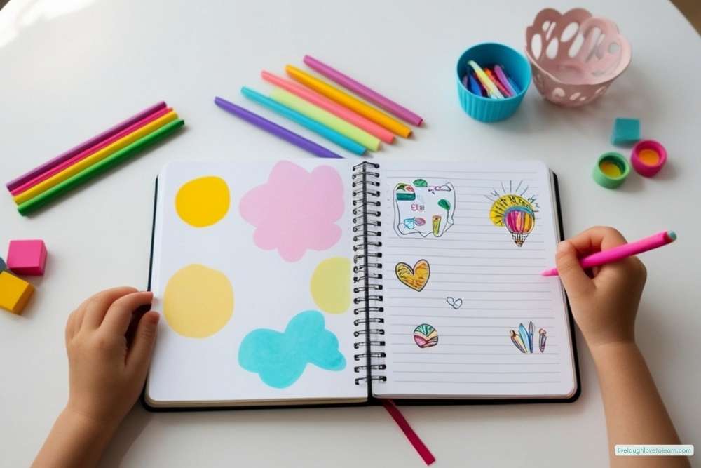Upper elementary student drawing colorful doodles and memories in a notebook during an end-of-school-year classroom activity.