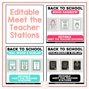 Image of 3 themes of editable meet the teacher stations.