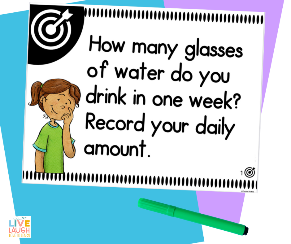 Image of a card that reads How many glasses of water do you drink in one week? Record your daily amount.