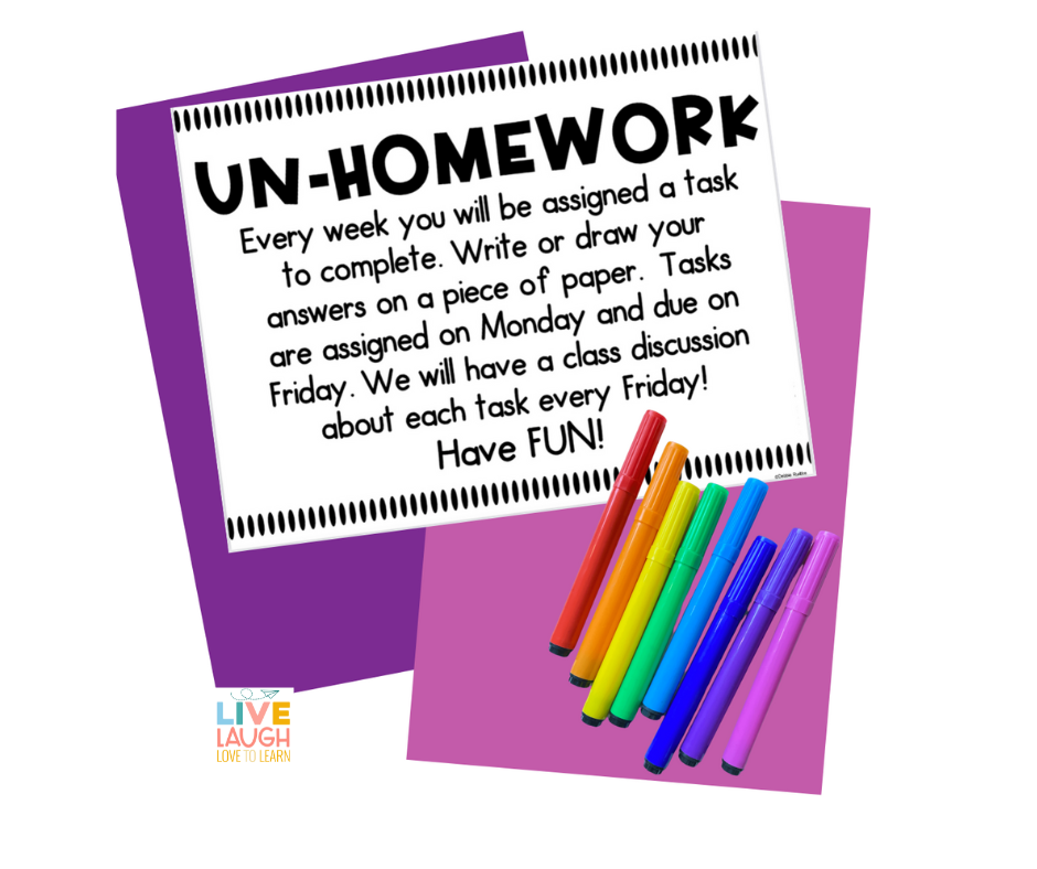 Image of a card that reads UnHomework: Every week you will be assigned a task to complete.