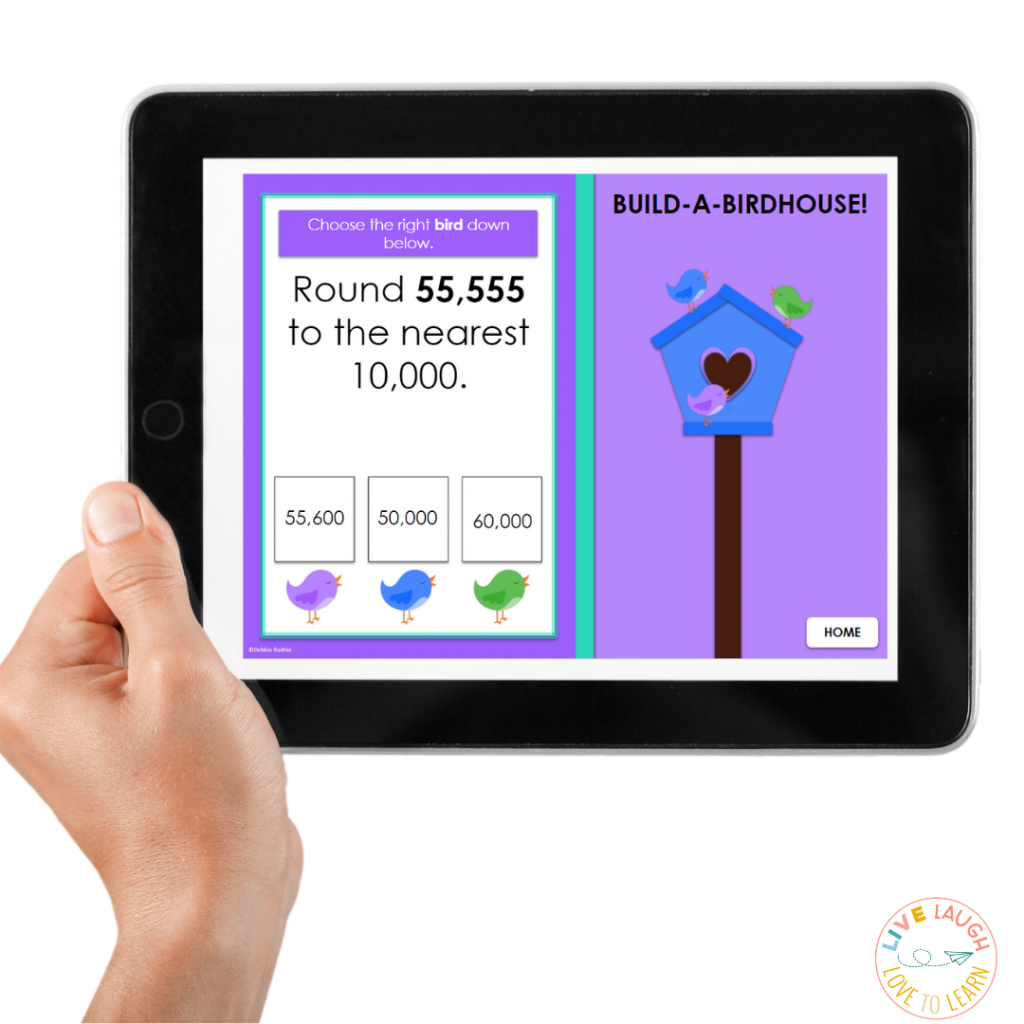 Image of a math rounding problem game "build a birdhouse" on a tablet