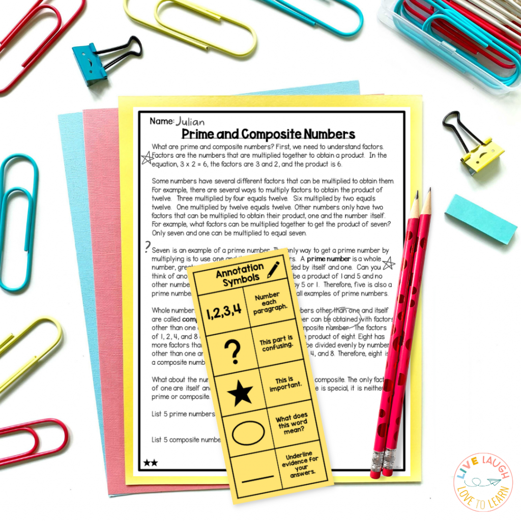 Image of a text titled "Prime and Composite Numbers" with a bookmark with annotation symbols laid on top.  The text is annotated to demonstrate how to integrate math and reading.