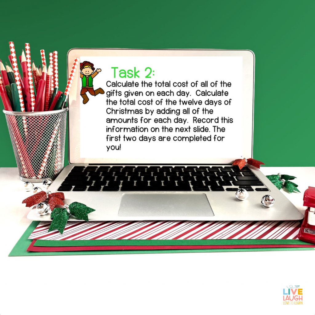 Image of a laptop with a screen reading Task2 Calculate the total cost of al of the gifts given on each day.
