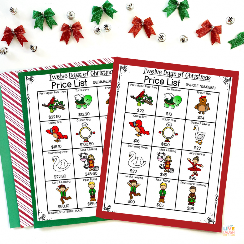 Images of paper price lists for the 12 Days of Christmas gifts  with decimals and whole number pricing