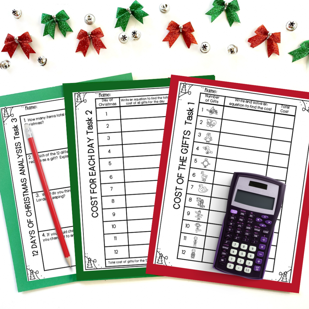 Images of Christmas Math Project recording sheets for Task 1, Task 2, and Task 3, with a calculator and a pencil