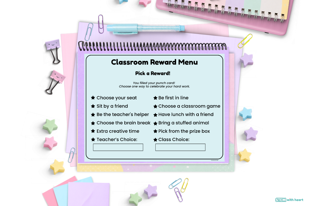 Classroom reward menu to use with behavior punch cards
