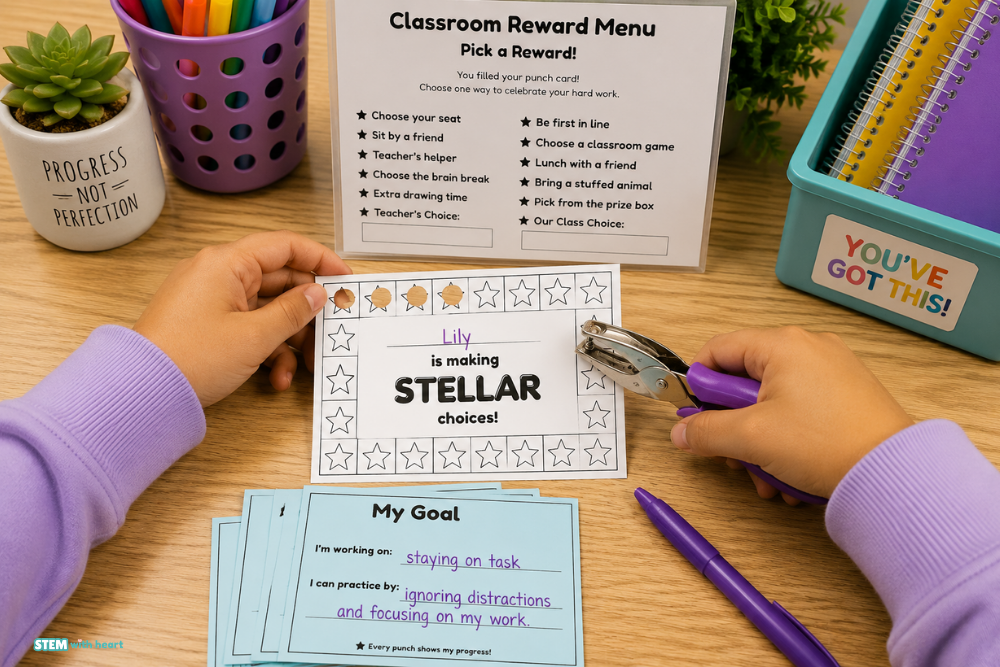 Student setting a behavior goal to use with a classroom punch card for classroom management