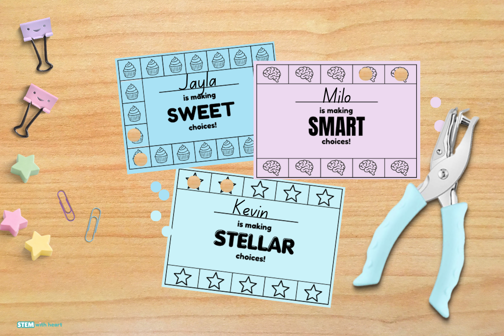 Teacher using behavior punch cards to reinforce positive classroom behavior