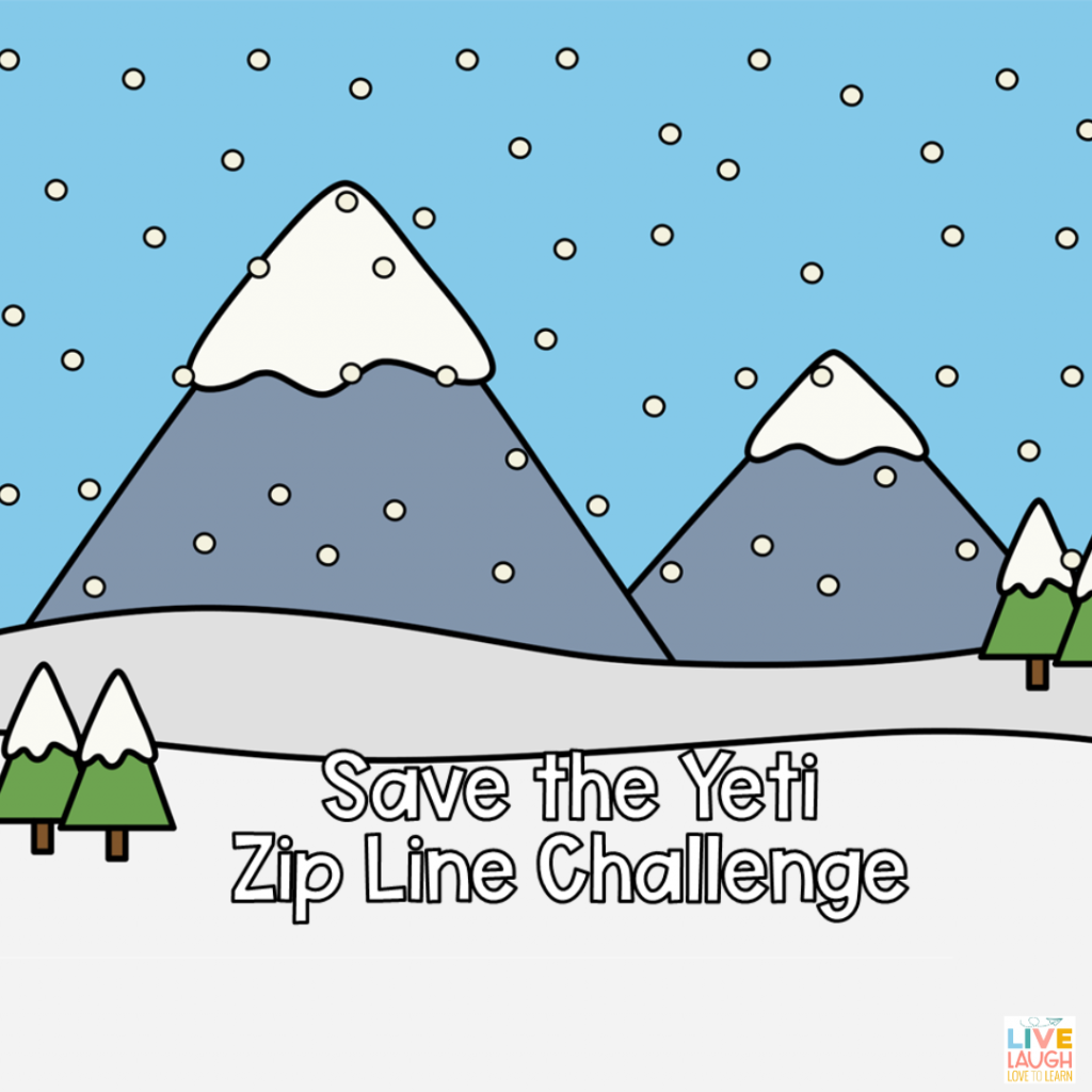Image of drawings of a winter STEM challenge poster: two mountain peaks with snow on top with snow falling.  Image reads "Save the Yeti Zip Line Challenge"