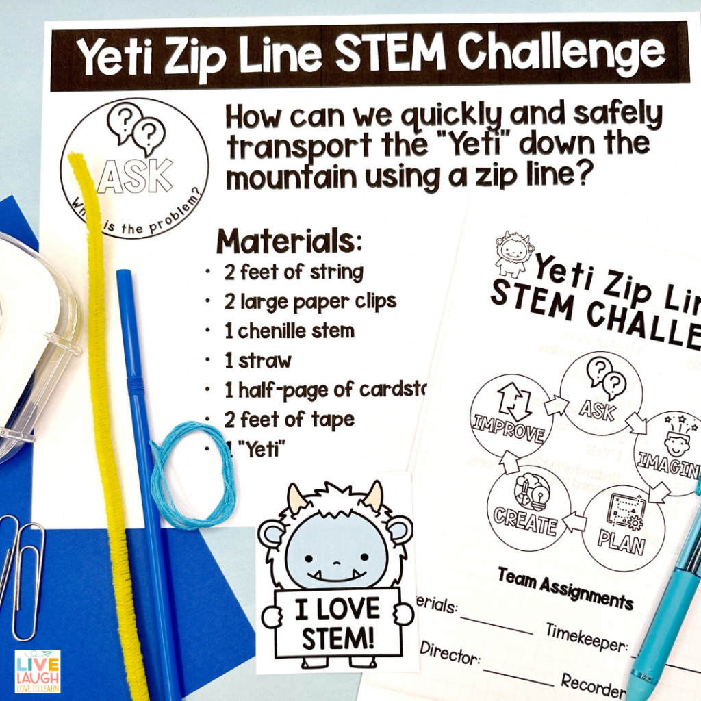 Image of a paper that reads "Yeti Zip Line STEM Challenge" and asks "How can we quickly and safely transport the yeti down the mountain using a zip line?"  A list of materials with a show of materials include string, paper clips, chenille stem, straw , cardstock, and tape.