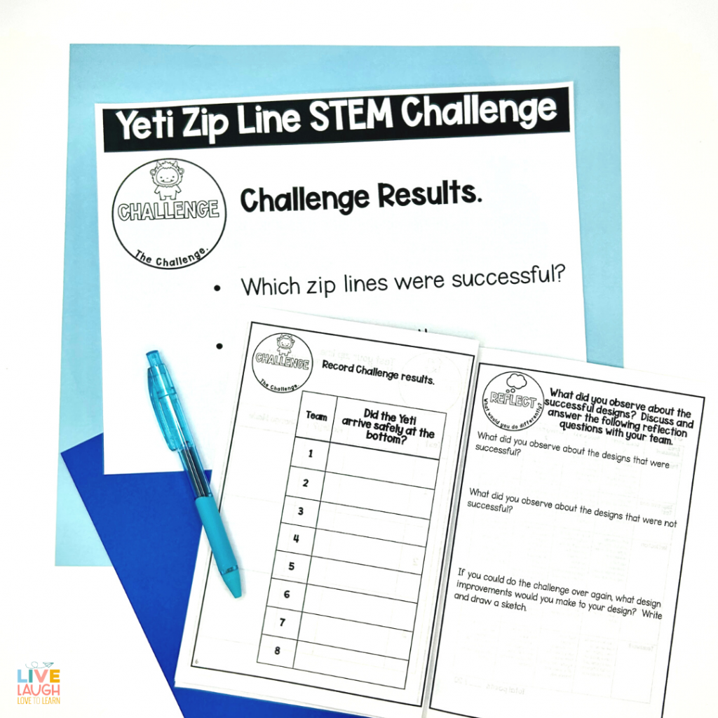 image of a paper that reads: Yeti Zip Line STEM Challenge - Challenge Results. Which zip lines were successful?  Also pictured is a paper booklet to record challenge results and a blue pen.