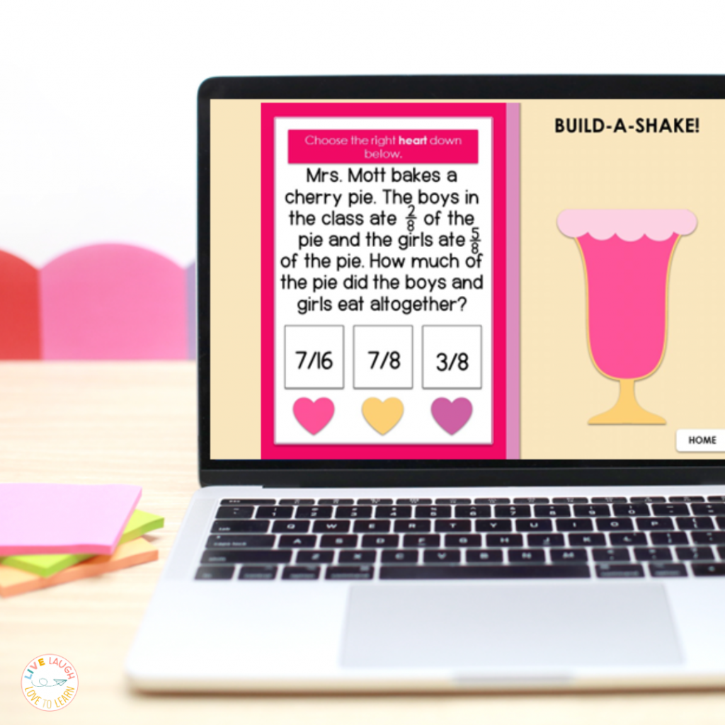 Image of a computer screen with a Valentine's Day Fraction Word problem game shown.