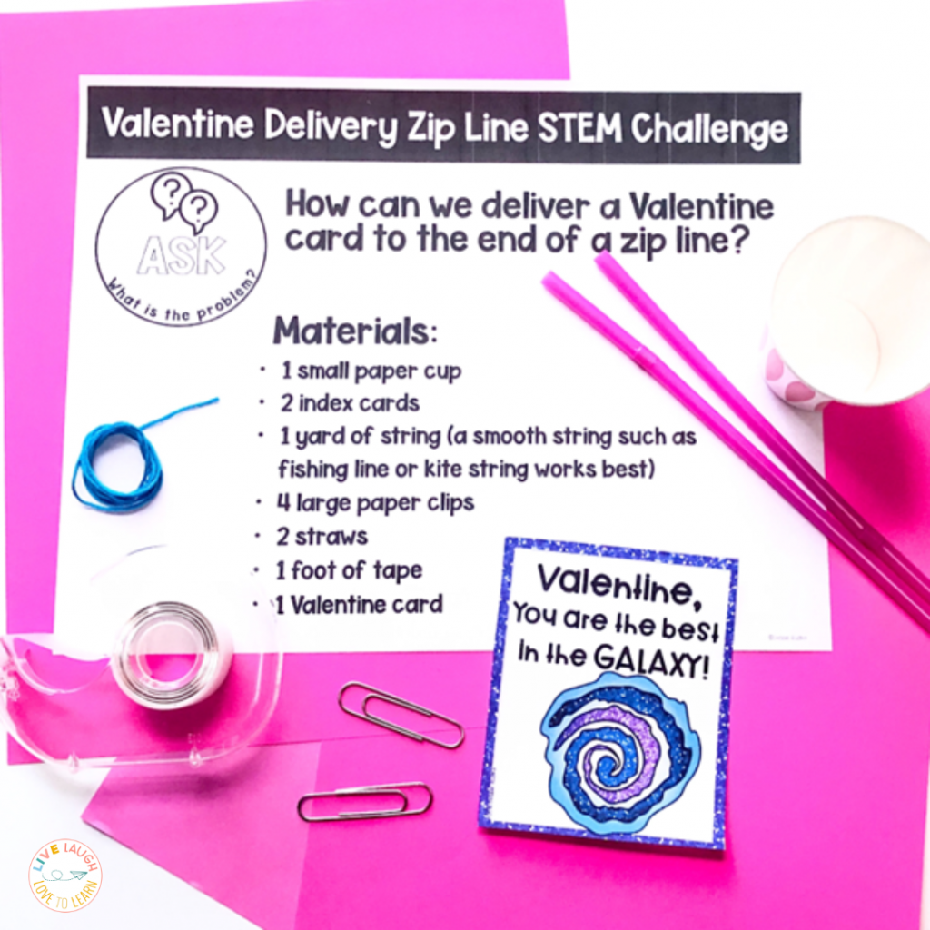 image of a paper titled "Valentine Delivery Zip Line STEM Challenge" with straws, paper cup, string, tape, paper clips and a Valentine's Day card.