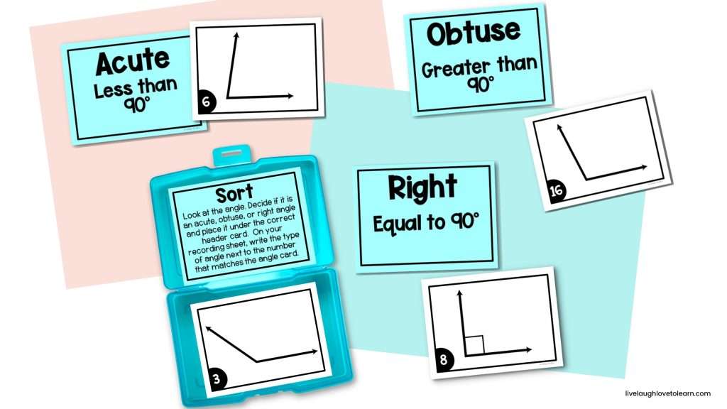 Angle sorting activity with cards for acute, right, and obtuse angles used in elementary math centers