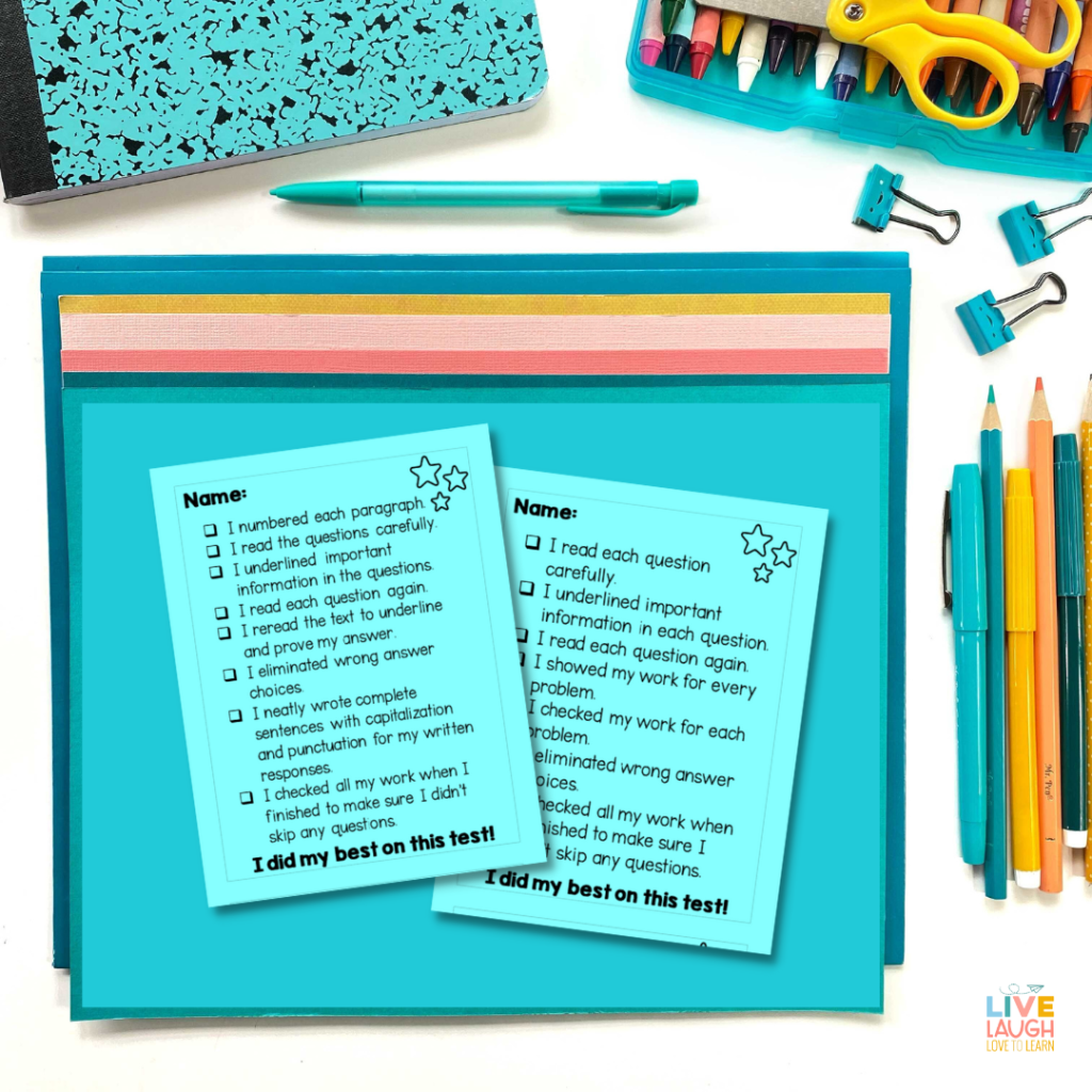 Image of a desk with pencils, pens, and clips with a stack of color paper. On top of the paper are two test-taking checklists for test prep.