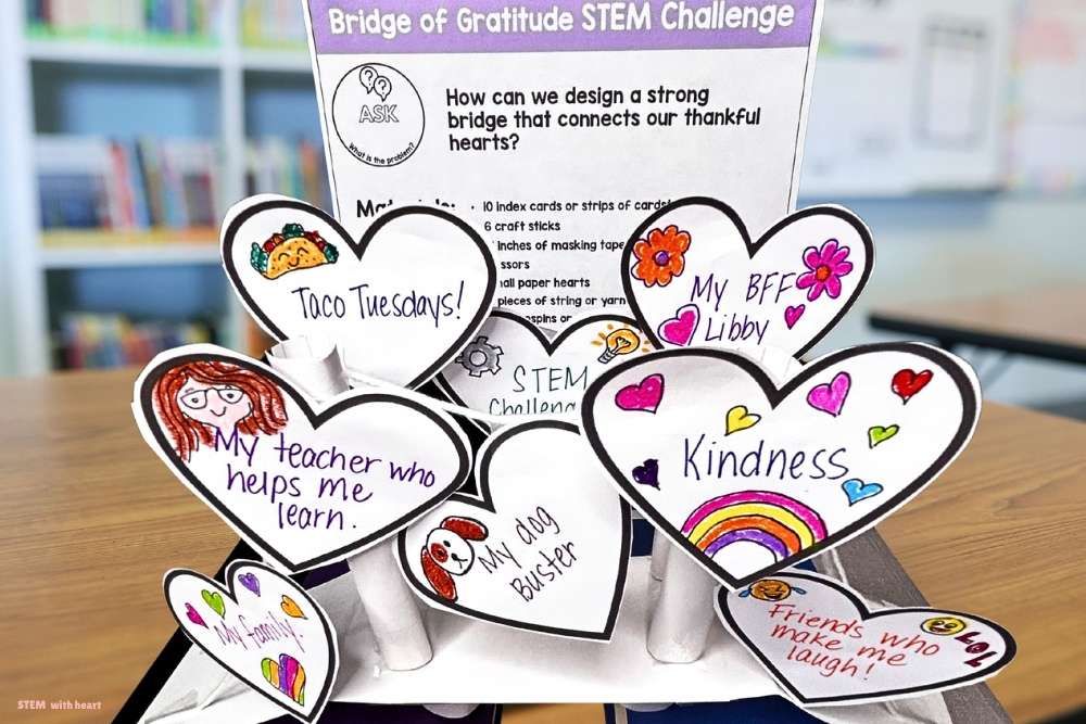 Students' "Bridge of Gratitude" STEM challenge display with paper hearts showing what students are thankful for, including their teacher, family, friends, and pets — a fun end-of-year STEM and SEL activity for elementary classrooms.