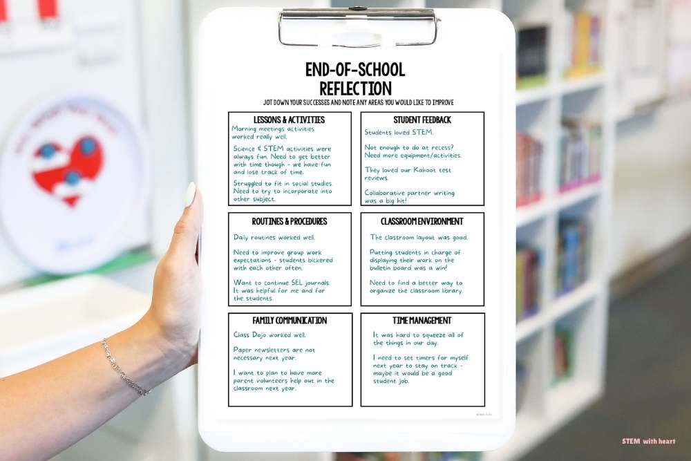 Teacher holding a clipboard with an "End-of-School Reflection" form filled in with notes on lessons, student feedback, routines, classroom environment, family communication, and time management, a practical tool for planning what to prep this summer