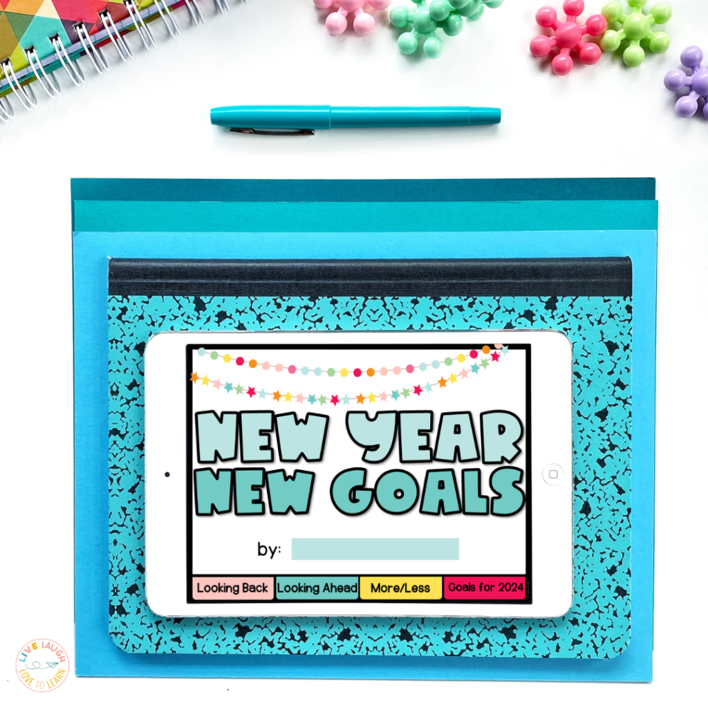 image of an ipad with a slide that reads New Year New Goals by blank, looking back, looking ahead, more/less, goals for 2024