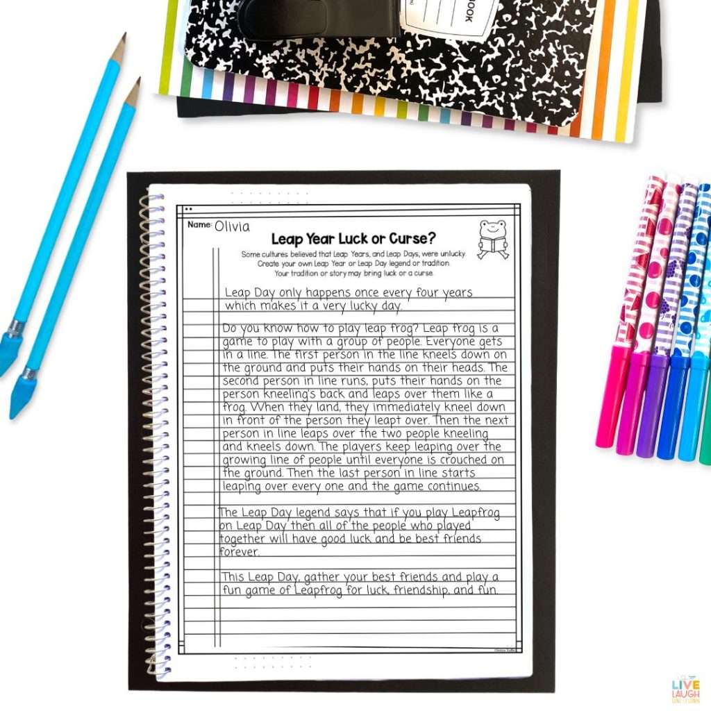 an image of a writing prompt on lined paper titled "Leap Year Luck or Curse?"