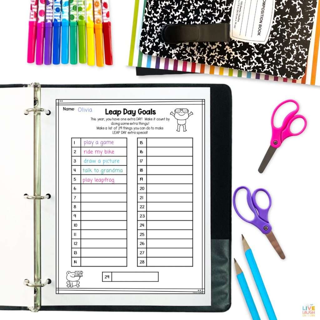 and image of a printed page titled "Leap Day Goals" with a blank list of 29 numbered boxes.