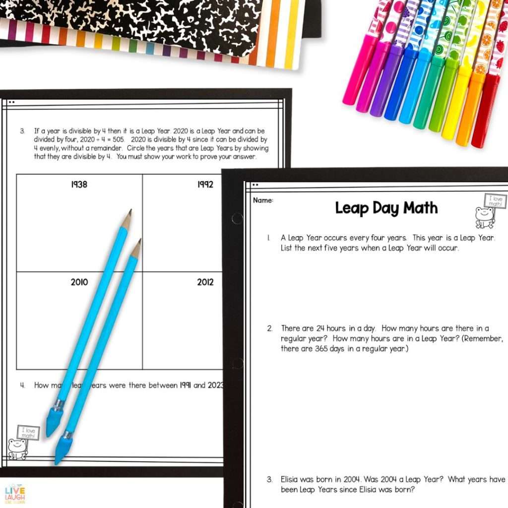 an image of 2 pages titled "Leap Day Math" with math word problems