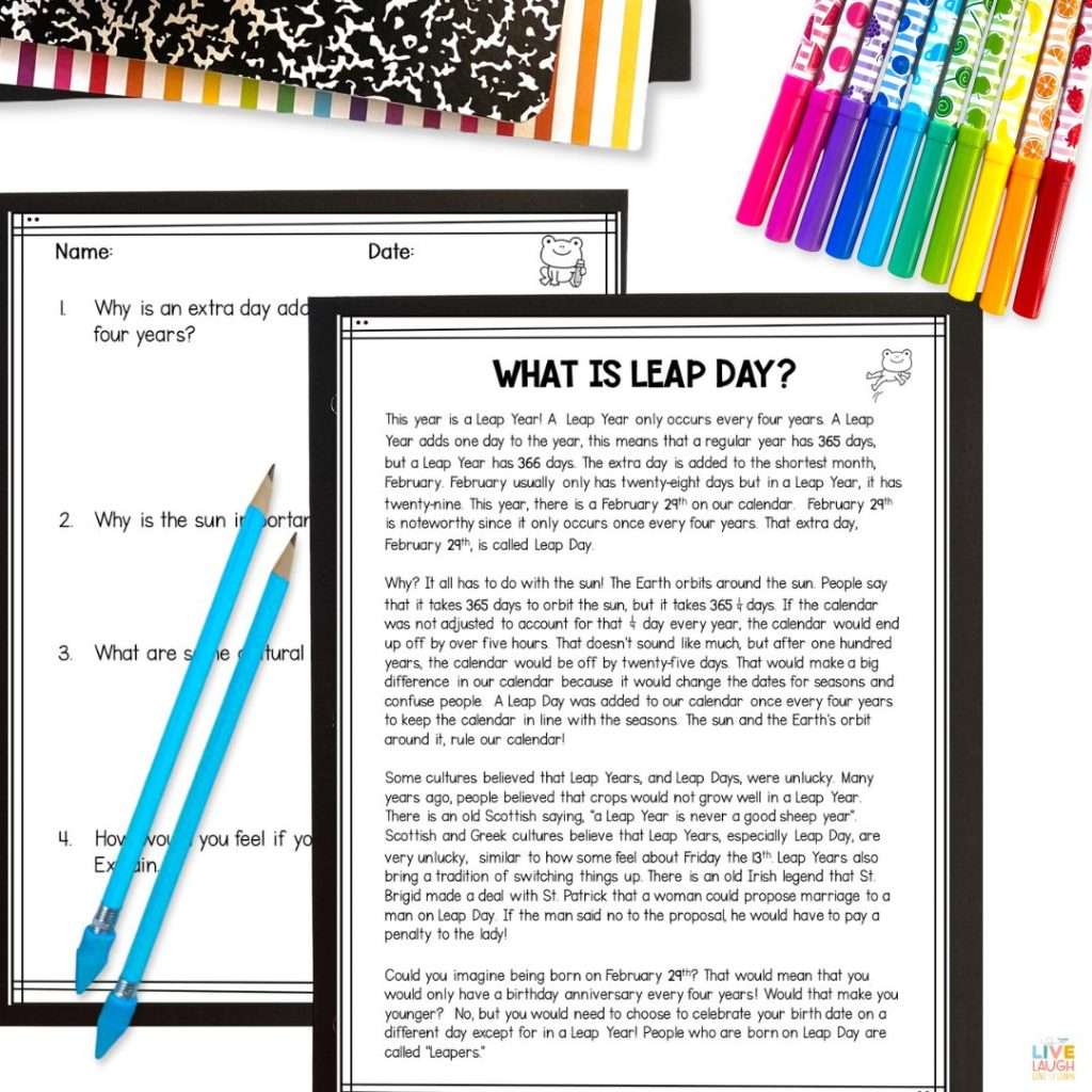 an image of a reading passage titled "What is Leap Day" next to a page of questions.